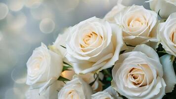 white roses are in a vase with a blurry background photo