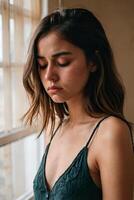 20-Year-Old Female Side View Portrait with Sad Face Reaction photo