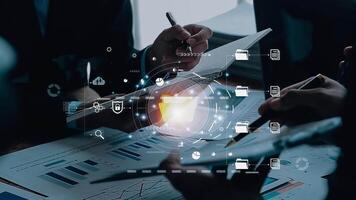 Document management concept. Virtual screen icons Document Management System DMS Online document database, software for efficient archiving, searching and management of company files and data. video