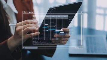 Project manager working with Gantt chart schedule to plan tasks and deliverables. Scheduling activities with a planning software, Corporate strategy for finance, operations, sales, marketing. video