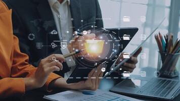 Document management concept. Virtual screen icons Document Management System DMS Online document database, software for efficient archiving, searching and management of company files and data. video