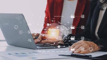 Document management concept. Virtual screen icons Document Management System DMS Online document database, software for efficient archiving, searching and management of company files and data. video