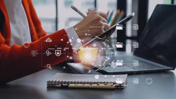 Document management concept. Virtual screen icons Document Management System DMS Online document database, software for efficient archiving, searching and management of company files and data. video
