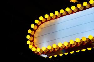 Close up yellow neon light sign red frame and white copy space for add text against black background. Modern lighted signs for decorating buildings or place. photo