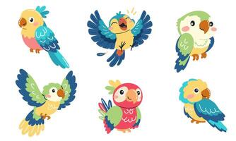 Set of illustrations in children's style. Cute cartoon parrots in different poses vector