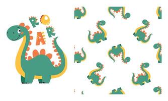 Set of templates for printing on children's products. Cute dinosaur and roar lettering. Seamless pattern with dinosaurs vector