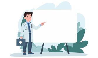 A male doctor points out something on a banner, giving a presentation. Place for your text, flat illustration vector