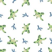 Seamless pattern in children's style. Cheerful turtle and corals on white background vector