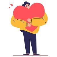 Man hugging a big heart. Self love and harmony concept. Flat illustration on white background vector