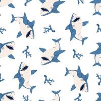 Seamless pattern in children's style. Cheerful shark and corals on white background vector