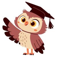 Flat illustration in children's style on the theme of learning and school. Cute owl in graduation cap points something with wing vector