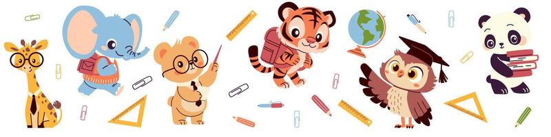 Set of flat illustrations in children's style on white background on the theme of learning and school. Bear giraffe tiger cub elephant owl and panda with textbooks and school bags globe ruler vector