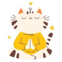 Flat illustration in children's style. Cute cat sitting in lotus pose and meditating vector