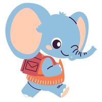 Flat illustration in children's style on the theme of learning and school. Cute elephant with a briefcase goes to school vector