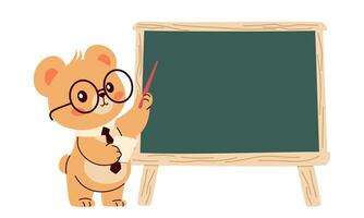 Flat illustration in childish style on the theme of education. Cute bear in glasses and with a pointer points to the school blackboard, a place for your text vector