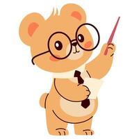 Flat illustration on the theme of education. Cute bear in glasses and tie shows something with a pointer vector