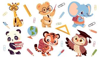 Set of flat illustrations in children's style on white background on the theme of learning and school. Bear giraffe tiger cub elephant owl and panda with textbooks and school bags globe ruler vector
