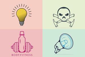 Collection of Dumbbells with a bottle, Skeleton, Megaphone, and Bulb designs. vector