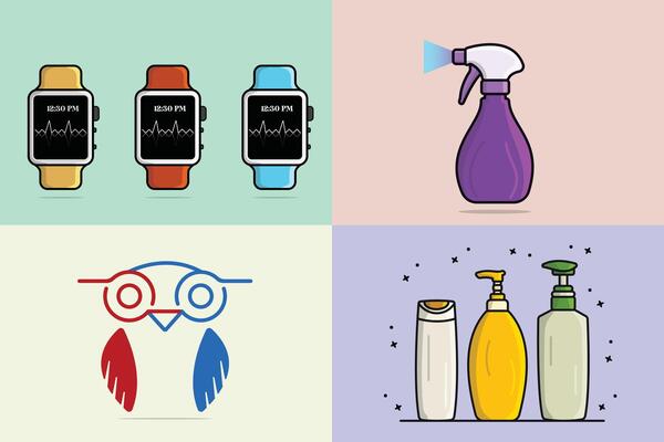 Collection of Watches with a bottle, Soap bottles, Owl, and Spray designs.