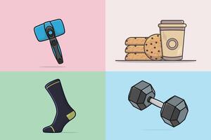 Collection of Paint Brush, Socks, Dumbbell, and Cookie designs. vector