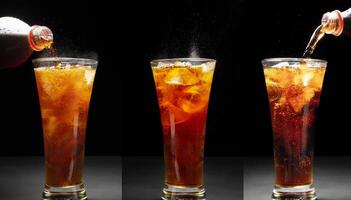 Set of black soft drinks. Close-up of pouring soft drinks with ice in a glass. Placed on a black and dark background. photo