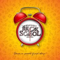 Back to school design with red alarm clock and typography on yellow background. education concept illustration with hand drawn doodles for greeting card, banner, flyer, invitation, brochure or vector