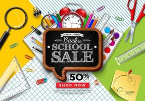 Back to School Sale Design with Colorful Pencil, Brush and other Learning Items on Square Grid and Line Background. Illustration with Special Offer Typography Elements for Coupon, Voucher vector