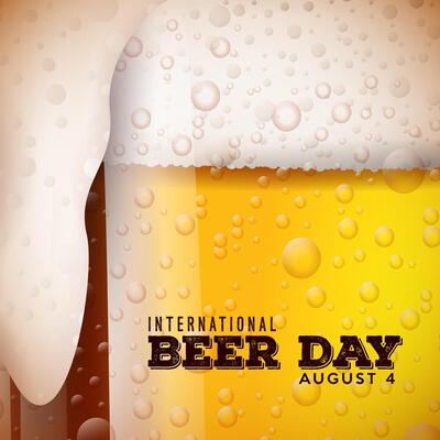 International Beer Day Design with Typography Letter on Freshly Tapped Beer in the Mug Background. August 4 Cheers Celebration Holiday Illustration for Banner, Greeting Card, Flyer, Promotional