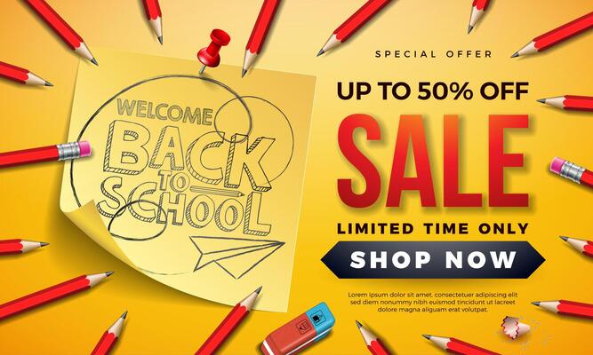 Back to School Sale Design with Graphite Pencil, Eraser and Sticky Notes on Yellow Background. Illustration with Special Offer Typography Elements for Coupon, Voucher, Banner, Flyer, Poster