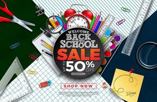 Back to School Sale Design with Alarm Clock, Colorful Pencil, Brush and other Learning Items on Square Grid and Line Background. Illustration with Special Offer Typography Elements for Coupon vector