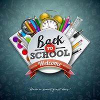 Back to school design with colorful pencil, scissors, ruler and typography letter on chalkboard background. illustration with education elements and hand drawn doodles for greeting card, banner vector