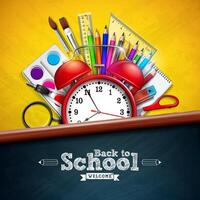 Back to school design with alarm clock, colorful pencil, magnifying glass, scissors, ruler and typography letter on yellow background. education concept illustration with chalkboard for vector
