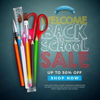 Back to School Sale Design with Colorful Pencil, Brush and Text Written with Chalk on Chalkboard Background. Illustration with Special Offer Typography Elements for Coupon, Voucher, Banner vector