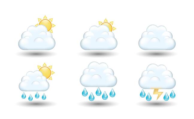 Weather, climate, forecast icons. Clouds with sun, rain drops and thunder illustration, emoticons, symbols set. 3d illustration