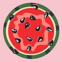 World watermelon day. National watermelon day poster. Half of a juicy watermelon with black seeds on a pink background. Summer fruit vector