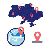 Navigation map. Red locator mark on map and location pin or GPS navigation icon sign. Country silhouette and red locator marks. Zoomed blue and green street map and red gps mark vector