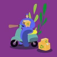 Online delivery concept. Flat courier in a blue uniform on a scooter with cardboard boxes. Delivery of a parcel of eco products. flat illustration for delivery network vector