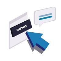 Click here icon. Black send button, blue pointing arrow and chat, dialogue icon on a white background. Social media concept vector