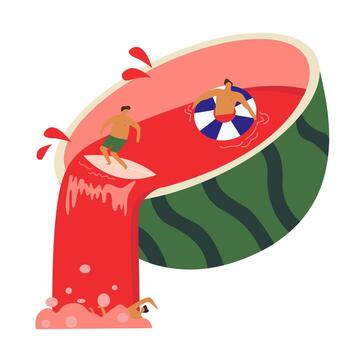 World watermelon day illustration. Slices of watermelon. Halves of a juicy watermelon with seeds and a flat character floating on an inflatable circle and a man on a surfboard in a watermelon vector