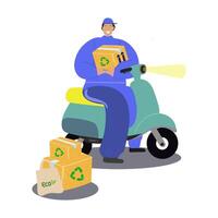 Online delivery concept. Flat courier in a blue uniform on a scooter with cardboard boxes. Delivery of a parcel of eco products. flat illustration for delivery network vector