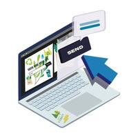 Order online. Eco online shop. Click here icon. Black send button, blue pointing arrow chat, dialogue icon and laptop on a white background. Social media concept vector