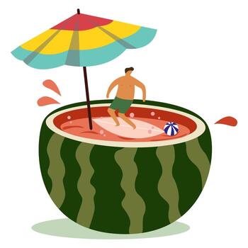 World watermelon day illustration. Slices of watermelon. Halves of a juicy watermelon with seeds and a flat character floating on an inflatable circle and a man on a surfboard in a watermelon vector