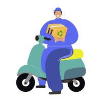 Online delivery concept. Flat courier in a blue uniform on a scooter with cardboard boxes. Delivery of a parcel of eco products. flat illustration for delivery network vector