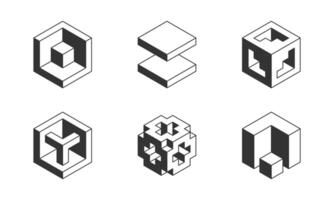 Black and white Cube logo, geometric design. Set box logotype company, trendy techno emblem in isometric 3D style. vector