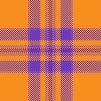 Stationary background texture fabric, outfit textile plaid pattern. Cultural check tartan seamless in violet and orange colors. vector