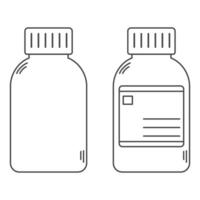 Outline drawing of medicine bottle for pills and drugs. Vitamins and supplements container. Editable stroke vector