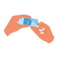 Hand holds bottle with pills spilling out to other hand. Open container with tablets for daily taking vector