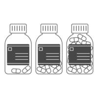 Set of linear medical bottles with pills, full, half filled and empty of drugs vector