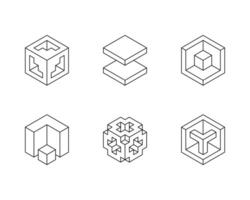 Black and white Cube logo, geometric design. Set box logotype company, trendy techno emblem in isometric 3D style. vector