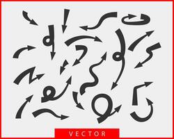 Collection arrows background black and white symbols. Different arrow icon set circle, up, curly, straight and twisted. Design elements. vector